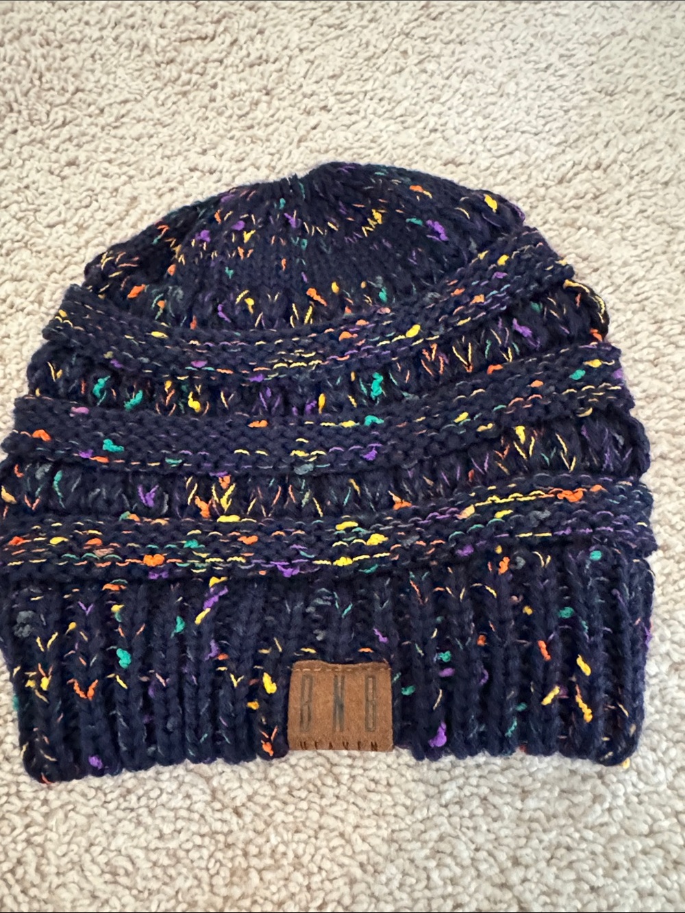 Speckled Navy Knit Beanie with Pony Tail Hole